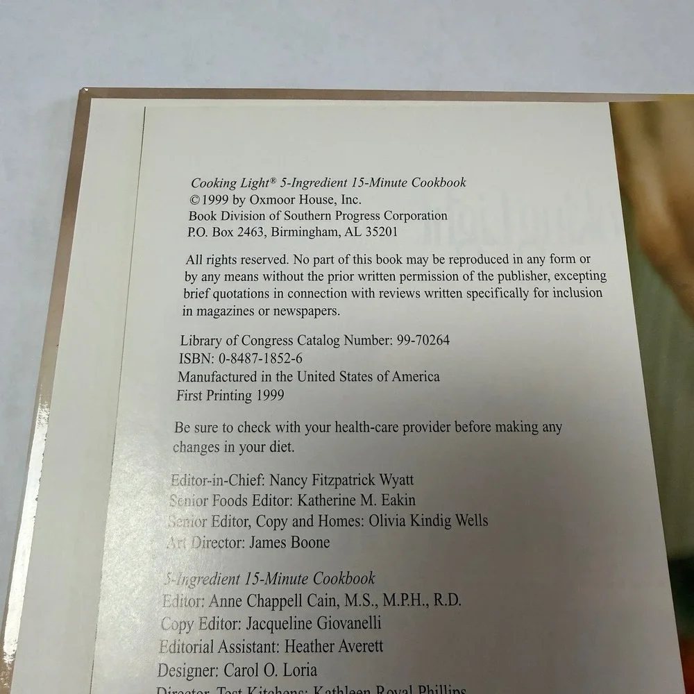 Cooking Light 5-Ingredient 15-Minute‎ Cookbook Hardcover 1999 ISBN 0848718526